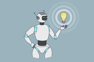 Robot hold lightbulb think generate ideas. Humanoid cyborg develop thought brainstorm. Artificial intelligence concept. Digital virtual helper or assistant. Modern technology. Vector illustration.