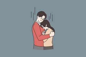 joven hombre abrazo caricia apoyo infeliz mujer Novia espectáculo amor y cuidado. apoyo masculino abrazo comodidad triste niña sensación afligido deprimido. Pareja relación meta. plano vector ilustración.