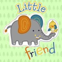 cute elephant with little bird on trees background pattern, vector cartoon illustration