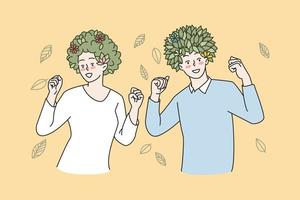 Happy people with green plants on head dance and relax, enjoy stress free life. Smiling overjoyed man and woman think positive. Mental health, self development, psychology. Vector illustration.