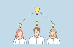 Smiling businesspeople with lightbulbs over head, brainstorm find business problem solution. Happy people think of idea, share knowledge solve issue. Teamwork, innovation. Flat vector illustration.