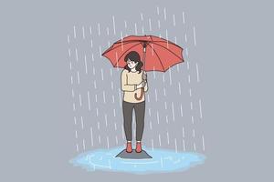 Bad weather, rain, storm concept. Young sad frustrated girl cartoon character standing with red big umbrella under storm flood vector illustration