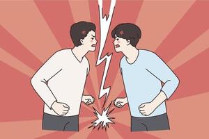 Aggression, fighting and conflict concept. Two young furious men staring each other as enemies shouting having conflict between two workers vector illustration