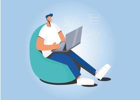 Young man freelancer sit on chair sofa work online on laptop gadget. Millennial male worker or businessman use computer internet connection. Freelance, technology concept. Vector illustration.