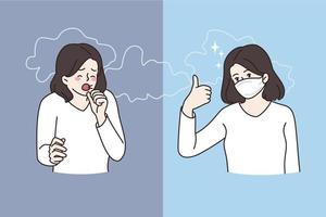 aire contaminación y fumar concepto. joven mujer dibujos animados personaje en pie tos y vistiendo protector cara máscara en contra fumar vector ilustración