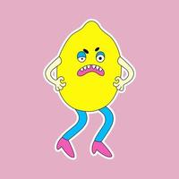 Funny cartoon character Lemon with the emotion of anger. Cute fruit sticker in retro style. vector