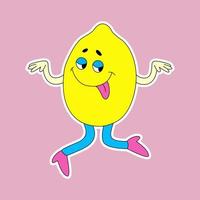 Funny cartoon character Lemon with the emotion of crazy. Cute fruit sticker in retro style. vector