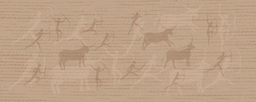 Elegant vector delicate background in beige tones with canvas texture and drawings in the style of Lascaux cave. Abstract background with contours of bulls and hunters with bows. Rock paintings.
