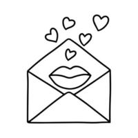 Open envelope with lips and hearts. A congratulatory love message in doodle style. Black outline on a white background. An element for greeting cards, posters, stickers and seasonal design. vector