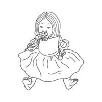 Silhouette of a little girl on a white background. Coloring of contour baby stickers. For preschool, kindergarten, children and adults. Monochrome vector illustration.