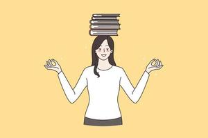 Preparation for exam and education concept. Young smiling woman standing with crossed fingers holding stack of books on head vector illustration