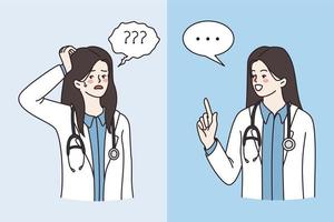 Medical worker expressing various emotions concept. Young woman doctor cartoon character standing expressing frustration and saying something vector illustration