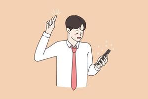 Smiling young man using cellphone receive good message email on gadget. Excited guy get brilliant idea, browse smartphone device. Happy male read great news online on cell. Flat vector illustration.