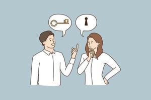 Man and woman think of business problem solution, bubbles with key and lock upwards. Pensive businesspeople make decision, unlock solve strategy or idea. Find answer. Vector illustration.