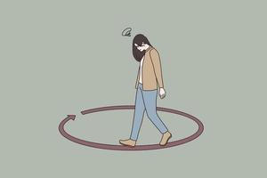 Unhappy sad woman walking in circle thinking and pondering over problem, making solution. Distressed female overthink, follow same life scenario. Comfort zone. Flat vector illustration.