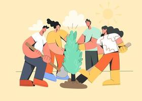 Group of volunteers work together plant tree, save environment and planet. People involved in teamwork, strive for shared business success achievement. Eco friends concept. Flat vector illustration.