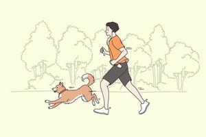 Spending time and sport with pets concept. Young smiling man running jogging in park with his dog running aside having fun and doing training together vector illustration