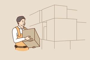 Young man worker hold carry package work on warehouse. Smiling guy courier deliveryman with parcel package on depo or storage house. Delivery company service. Flat vector illustration.