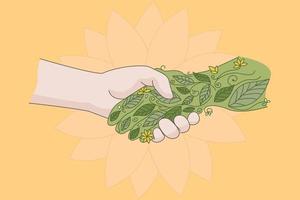 Human handshake green plant show love and care for nature and environment. People celebrate world environmental day. Save planet and earth. Eco friend, activist. Flat vector illustration.