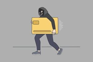 Man thief in mask costume steal gold credit card. Internet scammer or hacker thieve money online. Scam and corruption. Cyber attack, web fraud, bank security problem, flat vector illustration.