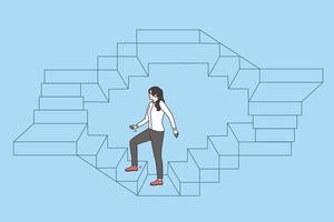 trabajar, carrera y éxito negocio concepto. joven negocio mujer caminando arriba interminable escalera en circulo vector ilustración terminado azul antecedentes