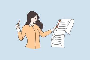 Woman hold paper to do list check tasks with mark symbol. Smiling girl note completed finished assignments on document. Time management and planning concept. Cartoon flat vector illustration.