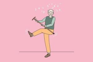 Happy elderly man feel optimistic energetic dancing with walking stick enjoying maturity. Smiling mature grandfather relax rest have fun follow heathy active lifestyle. Flat vector illustration.