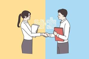 Partnership, team, like minded people, friendliness concept. Man and woman business colleagues partners standing with official documents shaking hands after deal vector illustration
