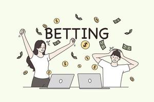 Online betting and bet service concept. sports game. Young happy smiling couple cartoon characters standing watching online sports broadcast winning much money on betting vector illustration