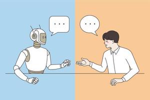 artificial inteligencia y tecnologías concepto. joven sonriente hombre desarrollador sentado chateando hablando a robot haciendo investigación vector ilustración