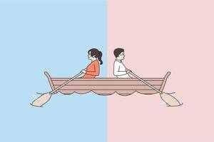 hombre y mujer en barco fila en diferente dirección, no alcanzar meta. testarudo Pareja en Embarcacion vela en opuesto forma. consiguiendo en ningún lugar concepto. conflicto de interés, ruptura, dividir. plano vector ilustración.