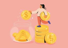 Woman put drop dollar coin into jar piggybank make saving investment for future. Girl collect money, accumulate capital. Invest and deposit, finance and banking concept. Vector illustration.