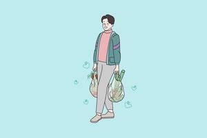 sonriente joven hombre personaje con pantalones compras en tienda de comestibles almacenar. contento milenario masculino comprar compra comida vegetales a mercado o tienda. sano comiendo concepto. dibujos animados plano vector ilustración.