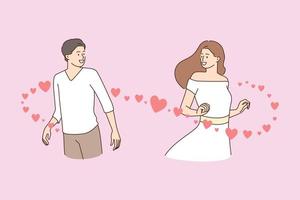 Smiling man and woman fall in love at first sight. Happy male and female meet encounter in street get attracted. Affection, relationship concept. Cartoon character, flat vector illustration.