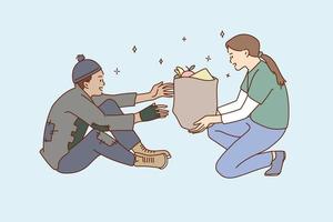 Volunteer woman give food donation to homeless person in street. Caring girl deliver donate charity nutrition eating package to people in need. Charitable activity, help. Flat vector illustration.