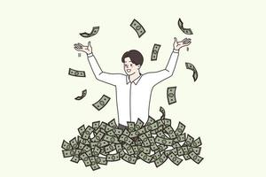 Corruption and illegal money concept. Young smiling businessman leader standing in heap of money cash bribes corruption feeling good in flying around banknotes vector illustration