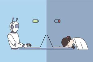 Robot and human work concept. Artificial intelligence robot sitting showing high productivity at laptop and tired person feeling exhausted at office vector illustration