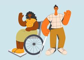 Positive happy disabled people show optimism enjoy life. Diverse smiling man and woman with special needs greet say hello. Diversity, society equality, help and assistance. Vector illustration.