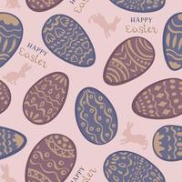 Seamless pattern for the Easter holiday. Purple and burgundy eggs painted with patterns on pink background, rabbits and Happy Easter inscriptions. For Easter cards, banners, textiles, wallpaper.Vector vector