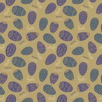 Seamless pattern for the Easter holiday. Purple and green eggs painted with patterns on khaki background, rabbits and Happy Easter inscriptions. For Easter cards, banners, textiles, wallpaper. Vector