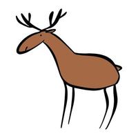 Funny brown deer. Creative moose on a white background. Rock art in the style of naive art. Vector illustration. An element for greeting cards, posters, stickers and other designs.