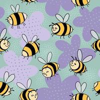 Seamless pattern with funny bees in cartoon technique. Cute insects fly over the meadow with flowers. Vector illustration for print, banner, textile, Wallpaper, fabric, etc