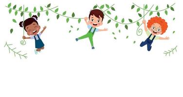 children hanging from branch playing cute vector