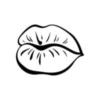 Silhouette of female  lips in retro pop art style. Mouth with routing lips. Vector outline illustration.