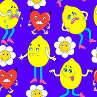 Background with funny characters. Bright seamless vector pattern with a heart, lemon, chamomile flower in a fashionable retro cartoon flat style.