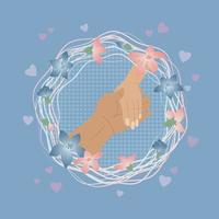 Painted hands in the Follow me gesture. Symbol of joint movement in life. Pink and blue flowers, hearts on a blue background. Vector illustration for engagement day, wedding, Valentine's Day.