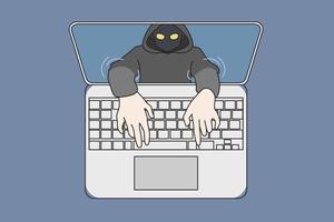 Thief in mask hands come out of laptop screen provide illegal phishing activity on internet. Scammer hacker steal data information online on computer. Network fraud, spam, virus. Vector illustration.