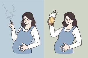 Bad habits during pregnancy concept. Young pregnant woman standing embracing belly smoking cigarette and drinking beer living unhealthy life vector illustration