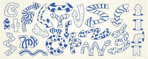 Doodle set of blue quirky arrows on grid paper vector