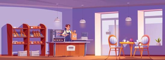 Cartoon bakery interior with female seller vector